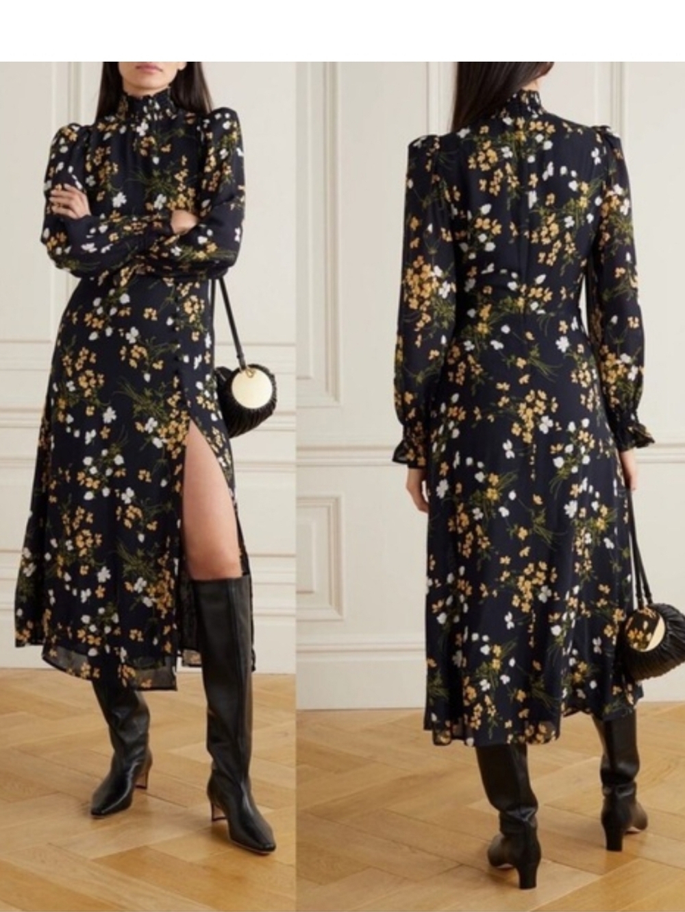 Reformation Black Floral Long-Sleeve Midi Dress